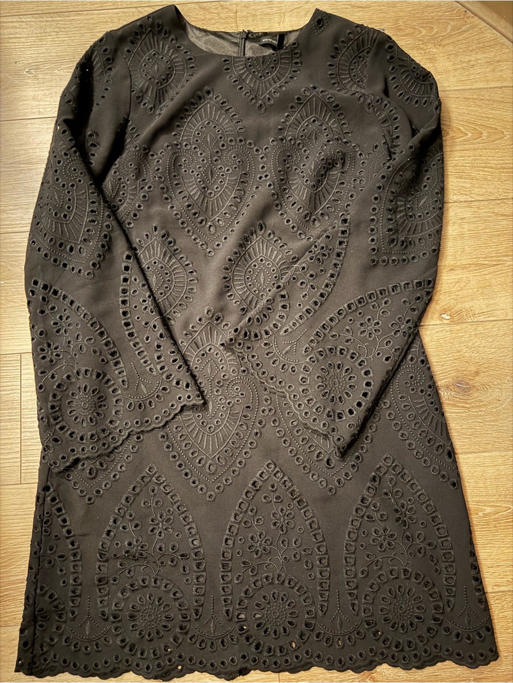 White House Black Market L Black Eyelet Embroidered Bell Sleeve Dress